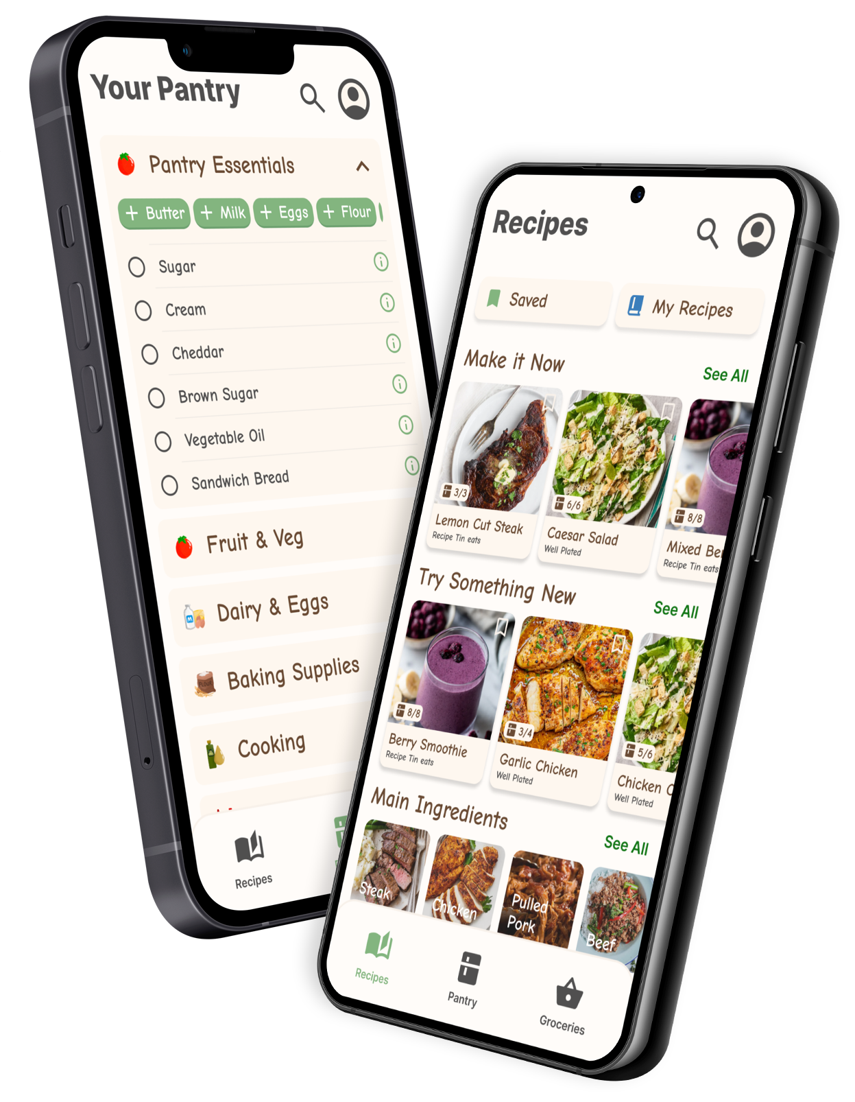 PantryPal mobile app showing recipe suggestions